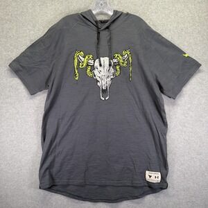 Under Armour Project Rock Shirt Mens XL Gray Hooded Short Sleeve Bull Graphic